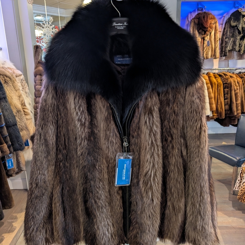 Luxurious Brown and Black Fur Coat Black Fox Collar